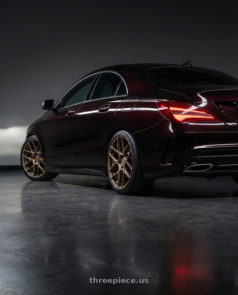 2018 Mercedes-Benz CLA C117 with Aodhan AFF2 5x112 19x8.5+35 Matte Bronze wheels rear three quarter view square tires