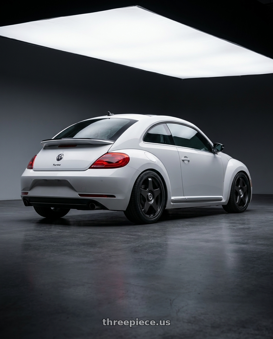 2016 Volkswagen Beetle Turbo with fifteen52 CHICANE 5x112 / 5x120 18x8.5 +35 ASPHALT BLACK (SATIN BLACK) wheels rear three quarter view square tires