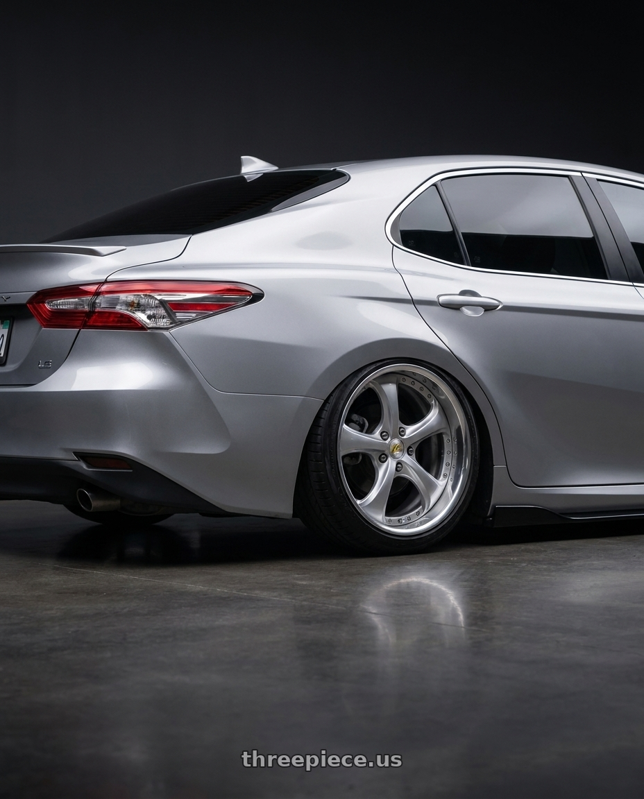 2019 toyota camry LE with Work Wheels VS-KF 5x114.3 18x8+40 Light Grey Silver A Disk FULL REVERSE wheels rear three quarter view slight stretch tires