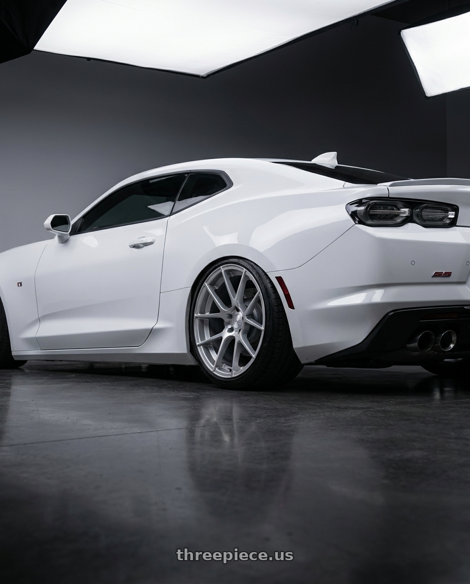 2022 Chevrolet Camaro with Avant Garde Wheels M510 5X120 20x10 +20 Satin Silver wheels rear three quarter view slight stretch tires