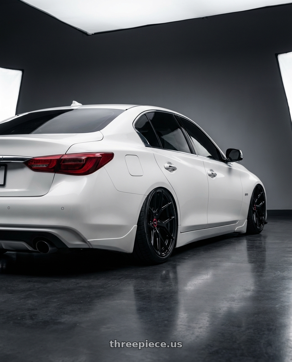 2020 Infiniti Q50 with Vossen HF-5 20x10.5 / 5x114.3 / ET45 / Deep Face / 73.1 -GB - Gloss Black Wheel - HF5-0N10 wheels rear three quarter view slight stretch tires