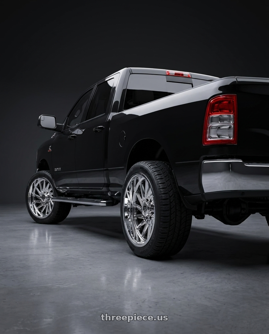 2022 ram 2500 with TIS 547C 6x139.7 22x10 +10 Chrome Plated with Lip Logo wheels rear three quarter view square tires