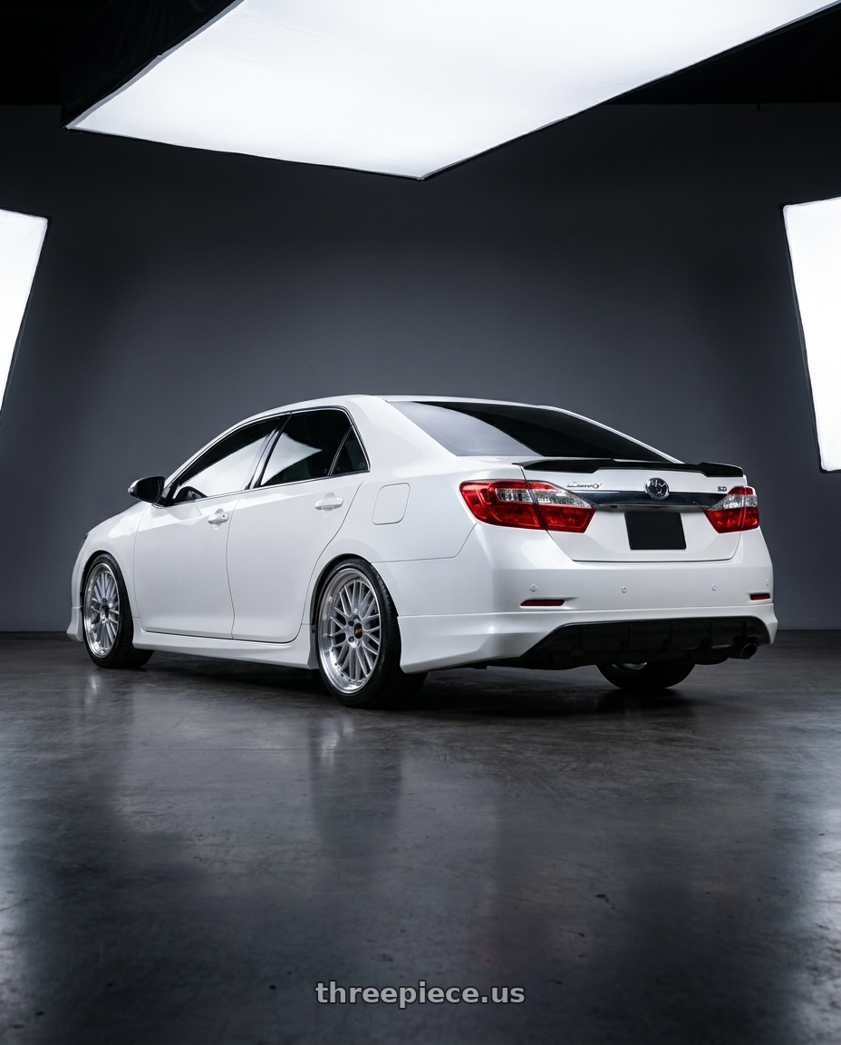 2017 Toyota XV55 White Color ，With Modellista Body Kit  with BBS LM 5x114.3 19x8.5+43 Diamond Silver wheels rear three quarter view slight stretch tires