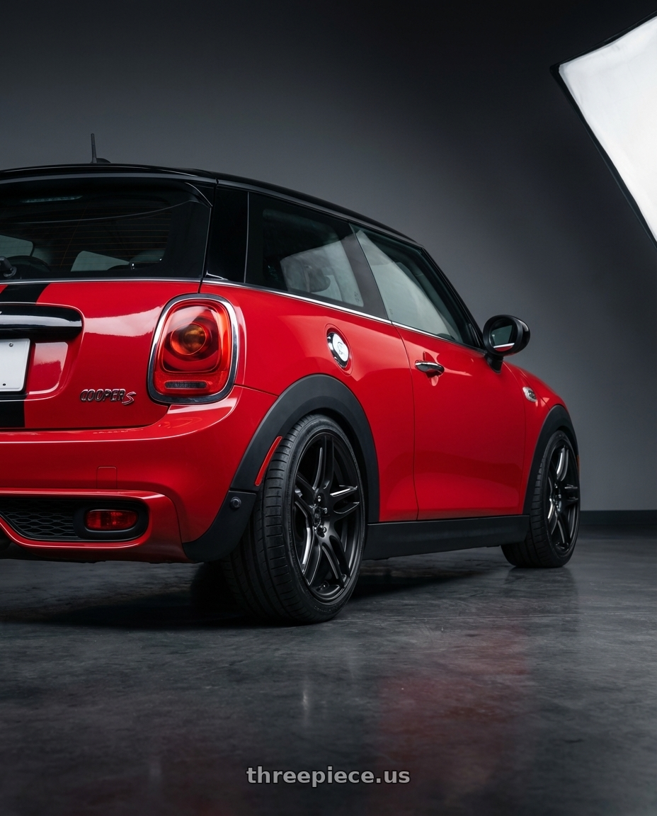 2019 Mini Cooper S F56 with Niche 1PC M106 NR6 4X100/4X114.3 18X8 +40 MATTE BLACK MILLED wheels rear three quarter view square tires