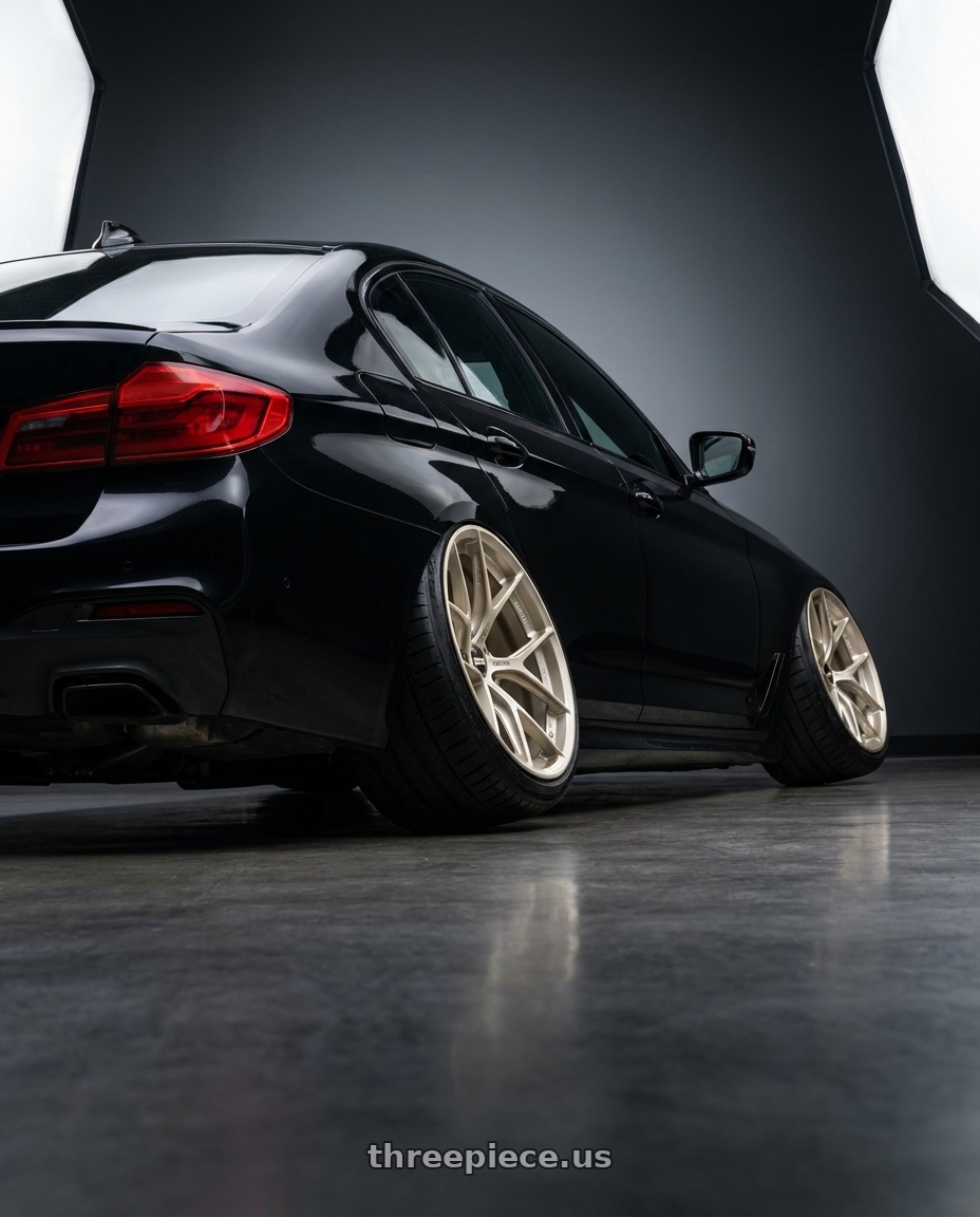 2019 BMW 5 series with BBS FI-R Evo 5x112 19x9.5+15 White Gold wheels rear three quarter view square tires