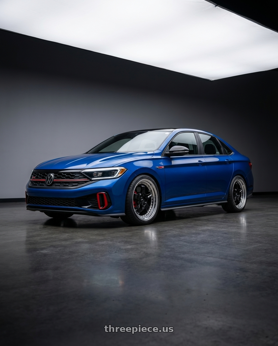 2024 Volkswagen Jetta gli blue with Work Meister S1 3P 5x100 18x9.5+41 A Disk Black wheels front three quarter view lowered stance