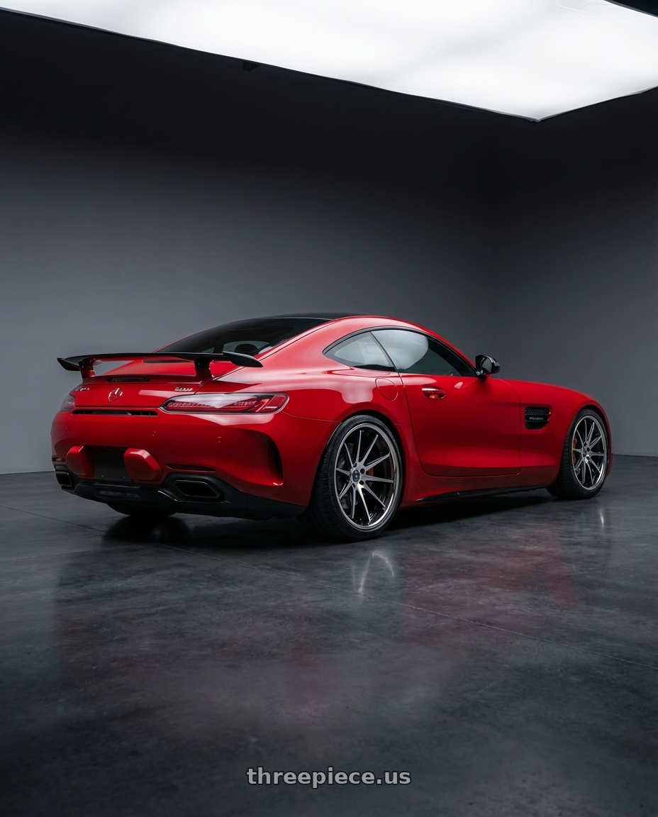 2018 mercedes amg gt red with Rohana RFC10 5x112 20x9+35 Machine Black/Chrome Lip wheels rear three quarter view square tires