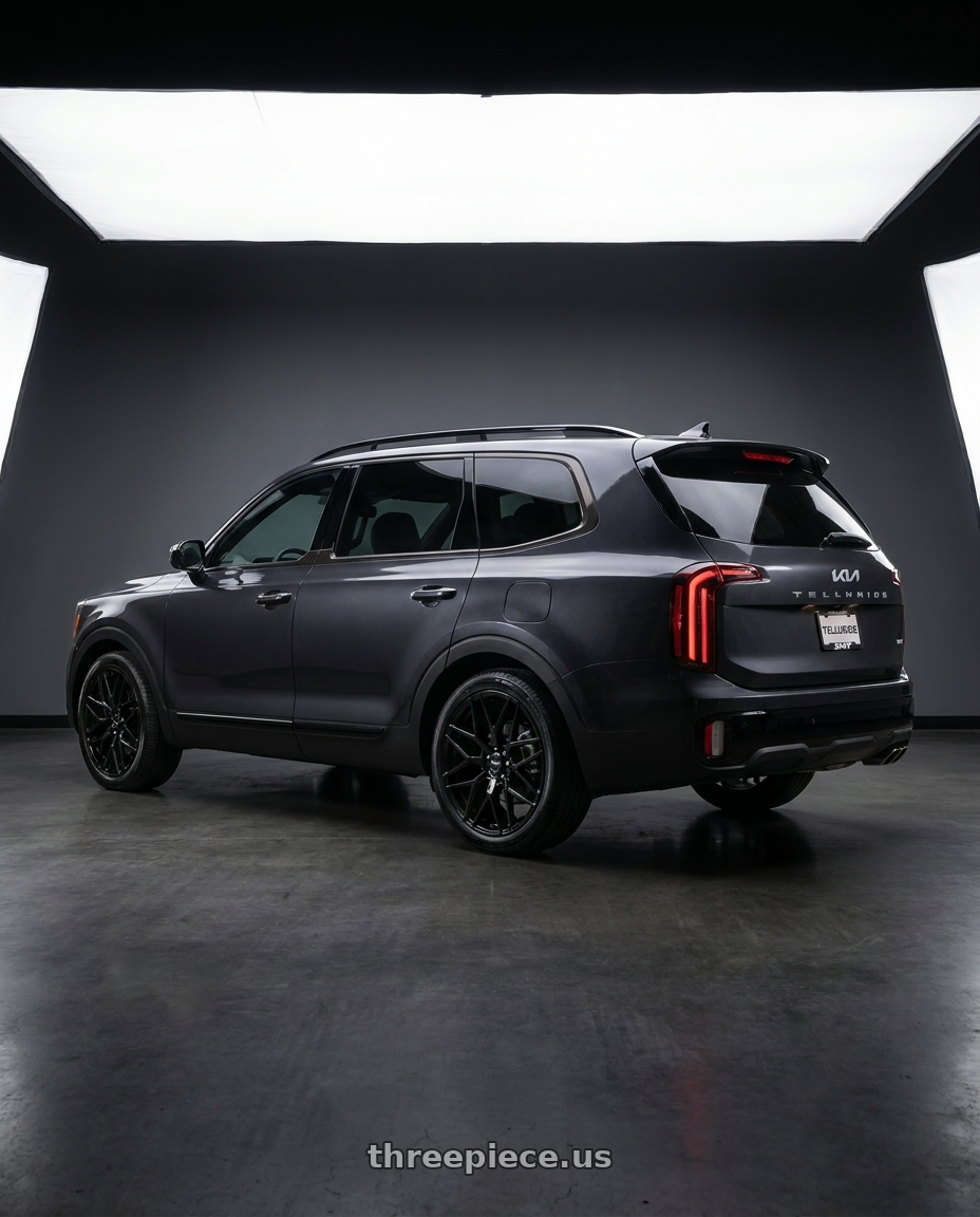 2025 kia Telluride with Shift Spring 5x114.3 20x8.5 +35 Gloss Black wheels rear three quarter view slight stretch tires