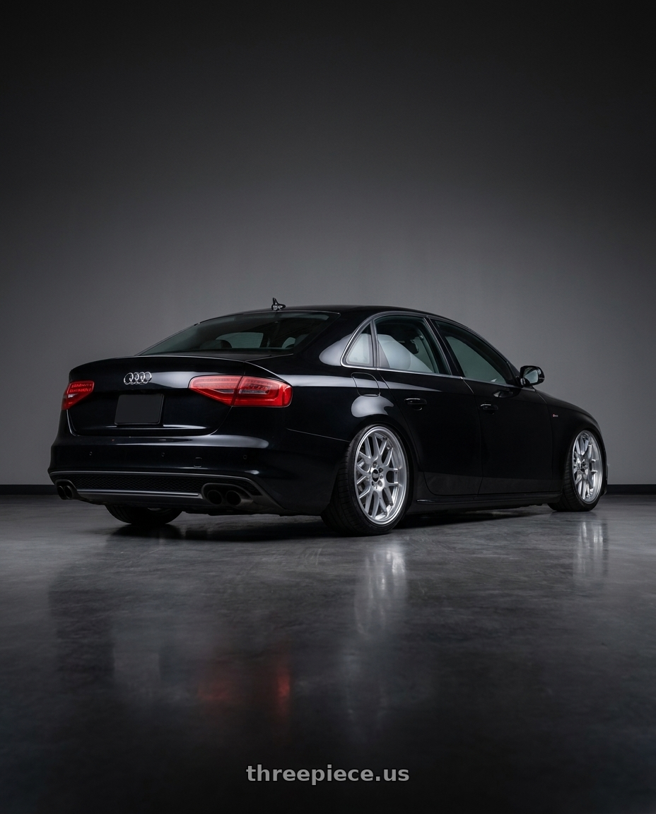 2013 Audi a4 with BBS RG-R 5x120 18x9.0+45 Diamond Silver wheels rear three quarter view slight stretch tires