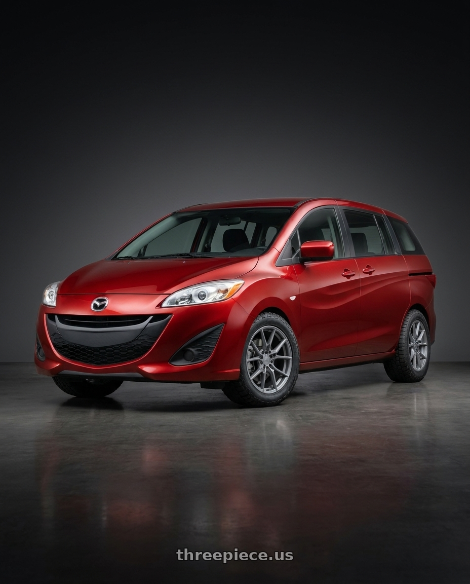 2015 Mazda 5 with TSW NEPTUNE 5X114.3 18X8 +35 BATTLESHIP GRAY wheels front three quarter view stock stance