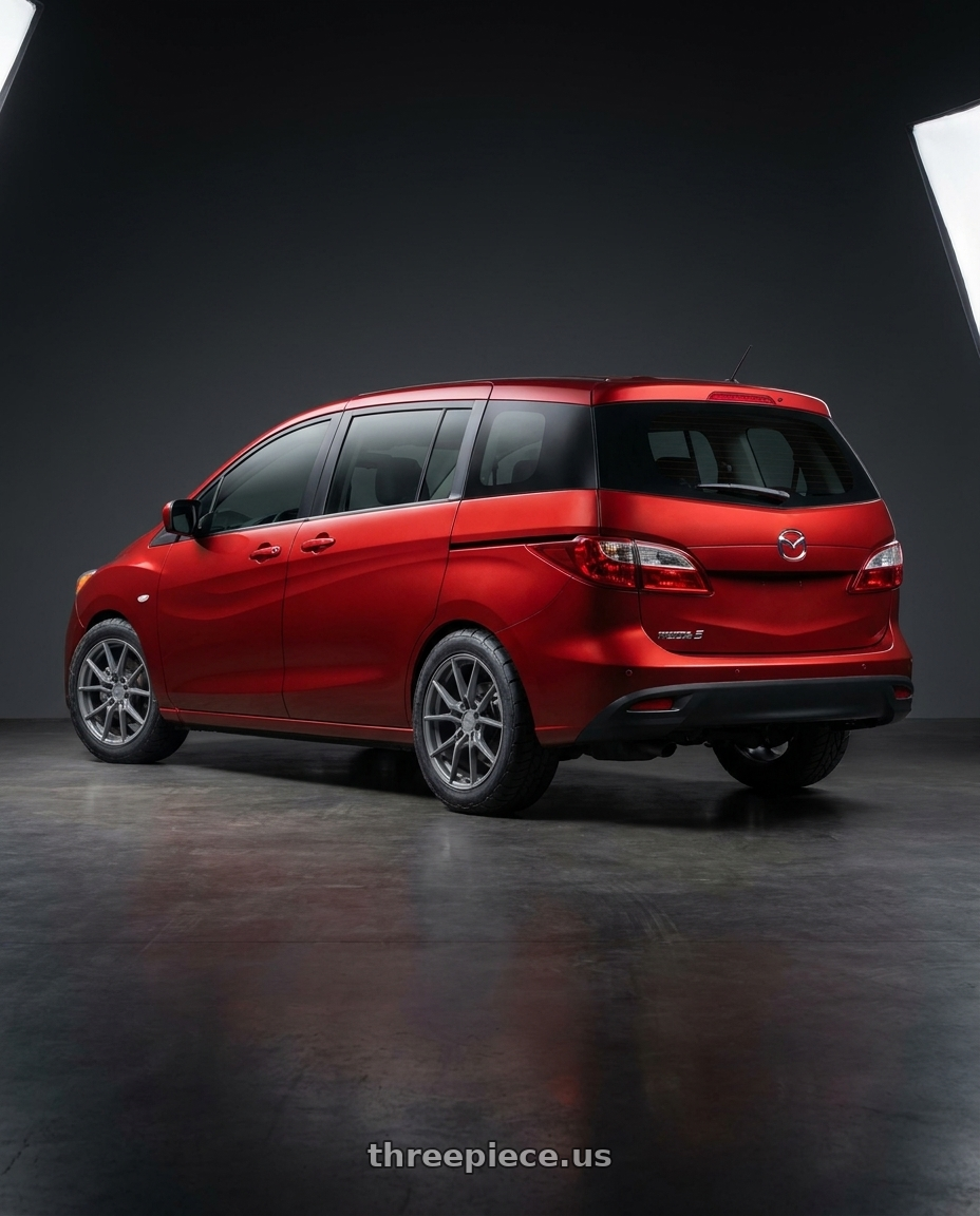 2015 Mazda 5 with TSW NEPTUNE 5X114.3 18X8 +35 BATTLESHIP GRAY wheels rear three quarter view meaty tires