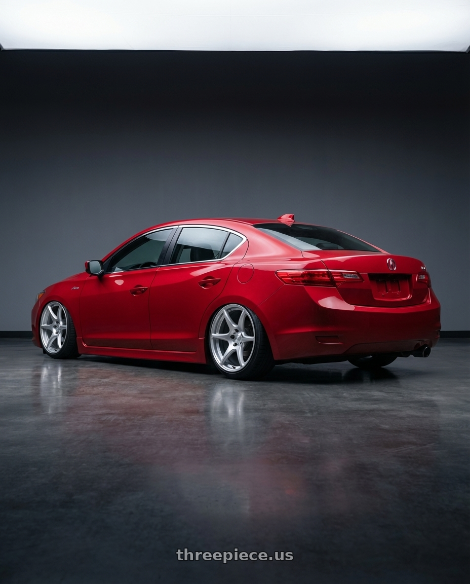 2012 Acura ILX with Kansei K11S Tandem 5x114.3 18x10.5 12 Hyper Silver wheels rear three quarter view slight stretch tires