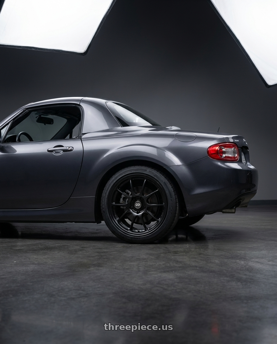2014 Mazda Miata with Enkei PF01 5x114.3 17x8+50 Black wheels rear three quarter view square tires