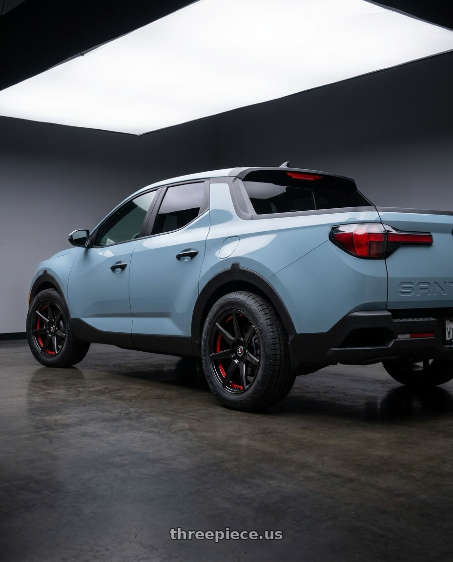 2026 Hyundai Santa Cruz SEL Activity  with Spec-1 SP-73 5x114.3/5x120 18x8 +38 Gloss Black & Red Undercut wheels rear three quarter view meaty tires