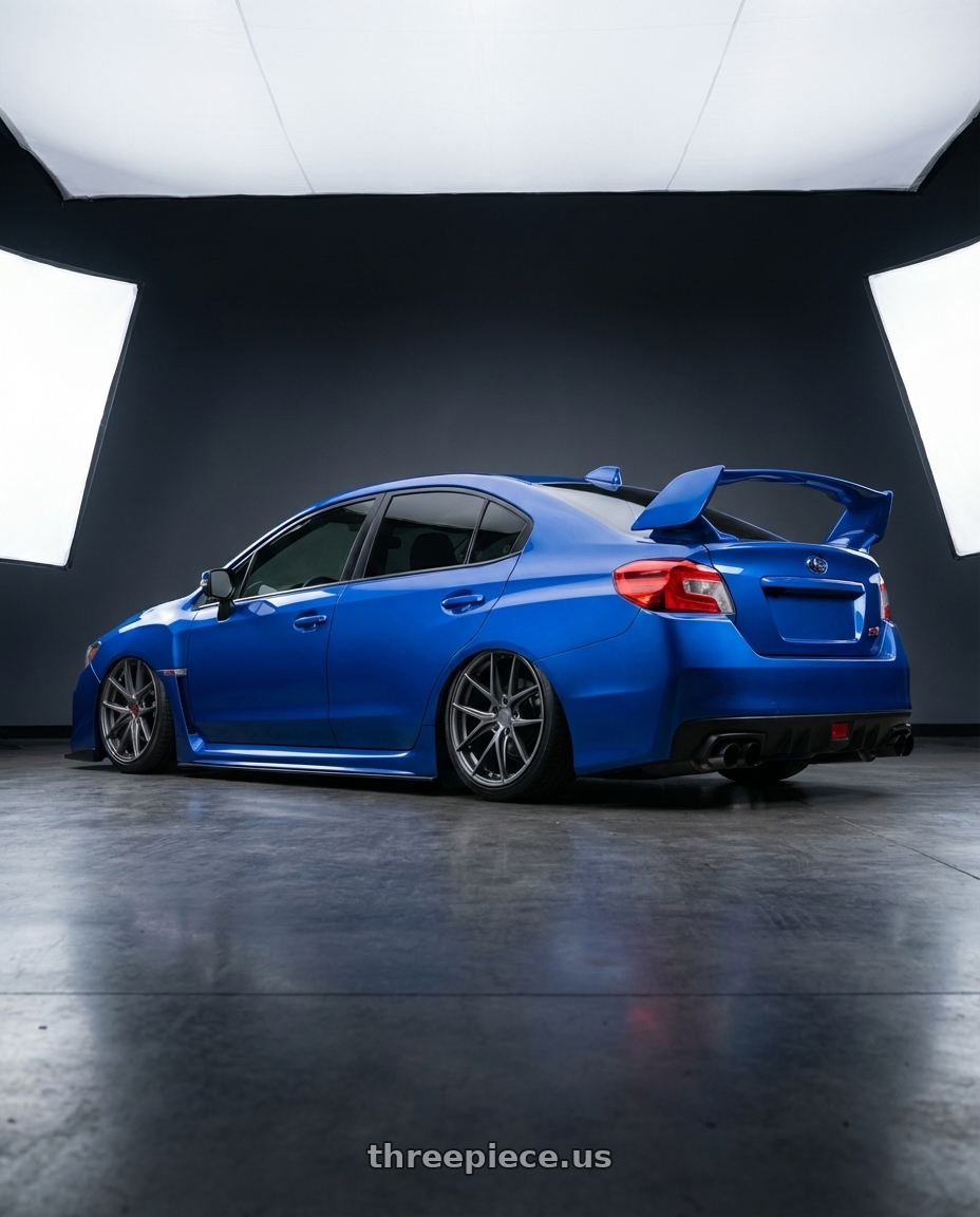 2013 Subaru WRX STI with Niche 1PC M116 MISANO 5X114.3 18X9.5 +40 MATTE GUN METAL wheels rear three quarter view slight stretch tires