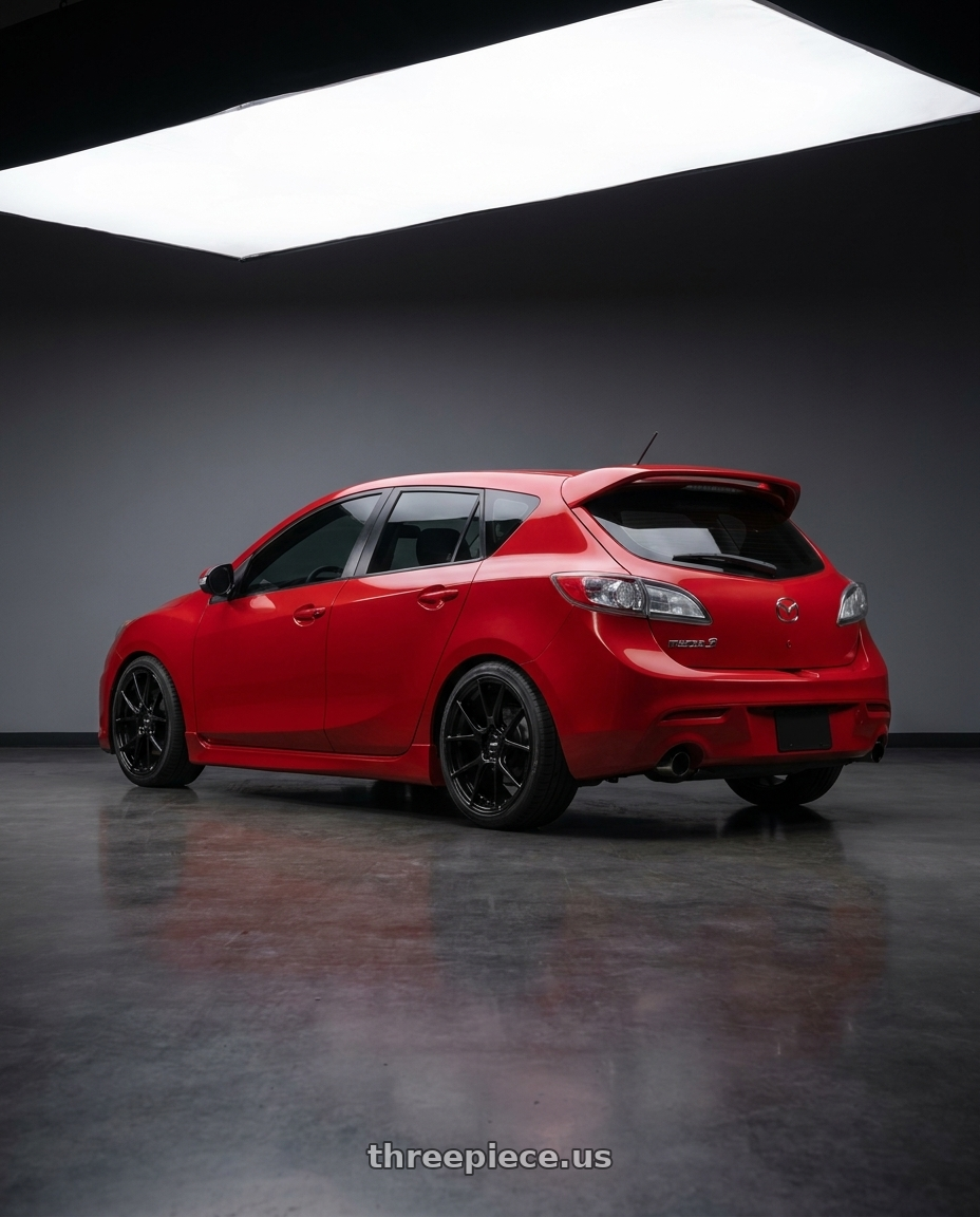 2012 Mazda Mazdaspeed 3 Red with Enkei TS-V 5x114.3 17x9+40 Glass Black wheels rear three quarter view square tires