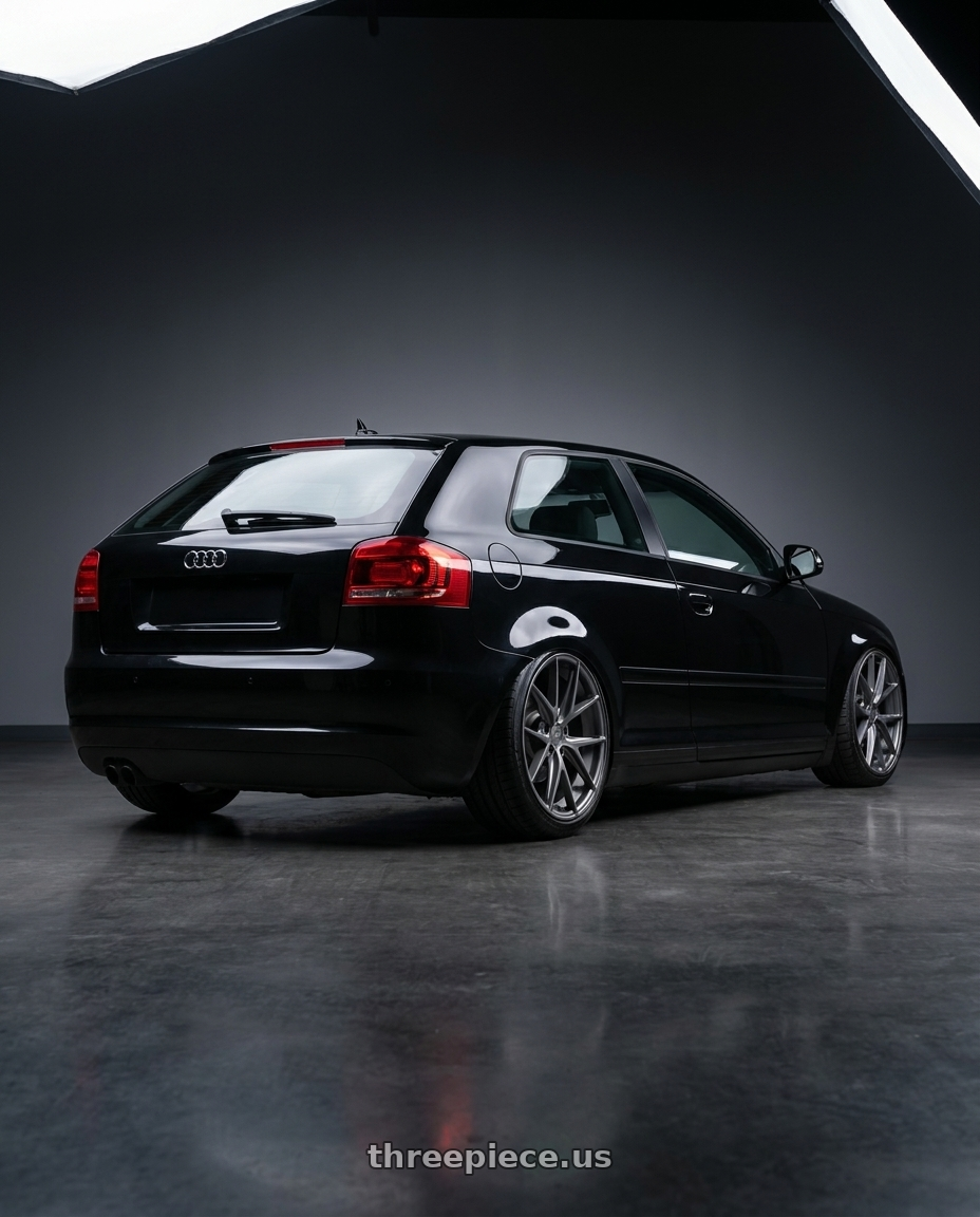2012 Audi A3 8P with Niche 1PC M116 MISANO 5X112 19X8.5 +25 MATTE GUN METAL wheels rear three quarter view slight stretch tires