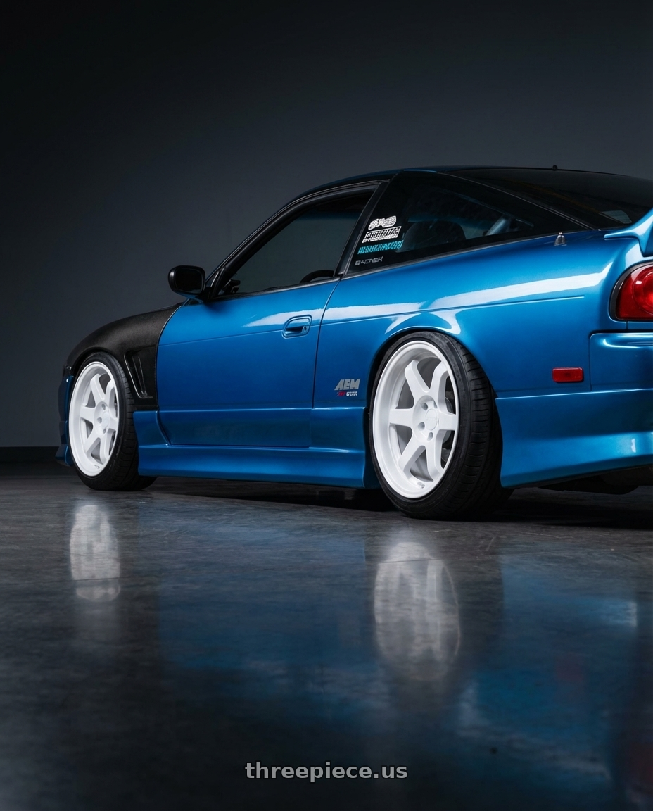 1993 Nissan 240sx with 9six9 SIX-1 5x114.3 17X8 +25 Competition White wheels rear three quarter view square tires