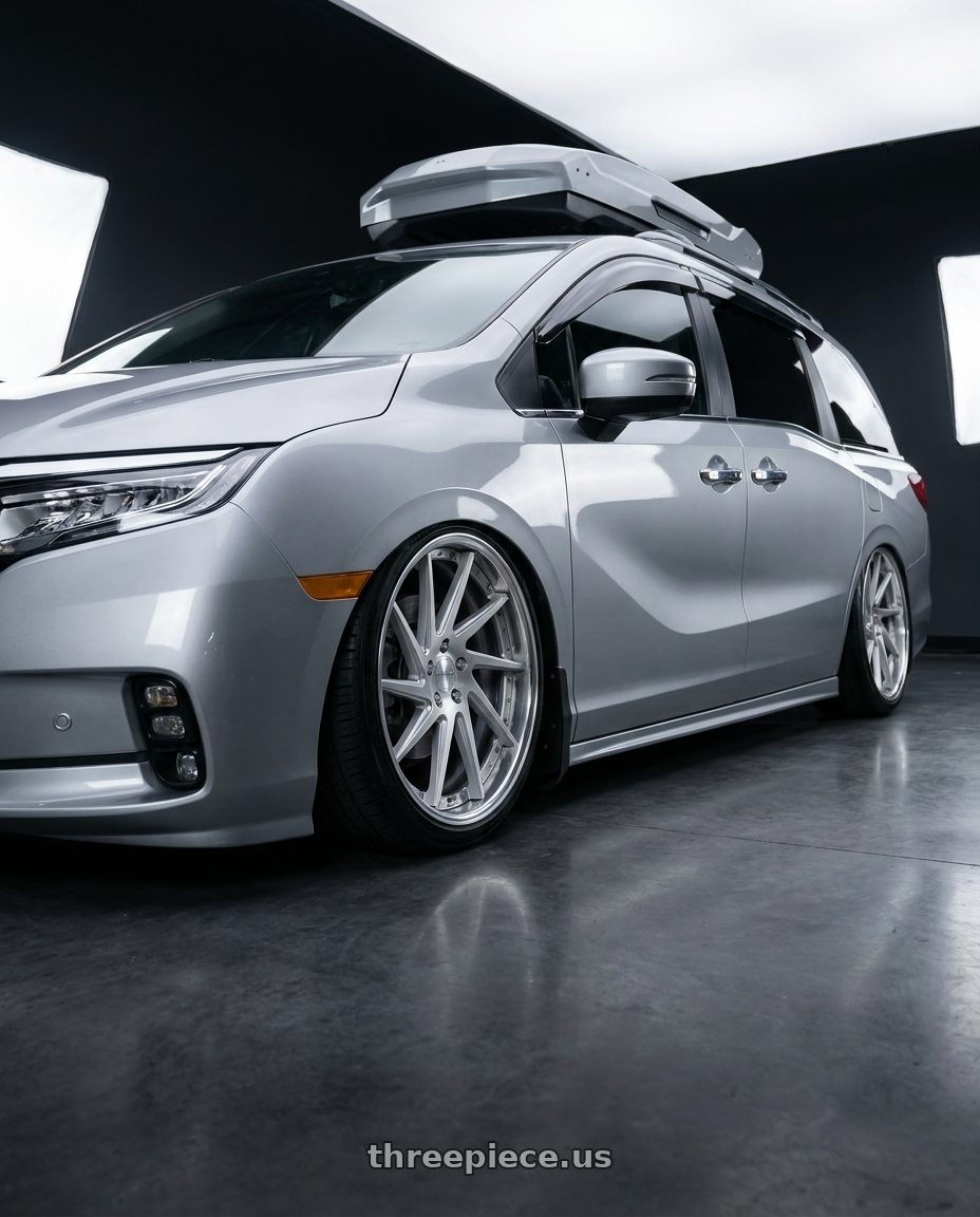 2024 Honda Odyssey with Work Gnosis Cvs 5x120 19x8+38 O Disk Matte Silver wheels front three quarter view slammed stance