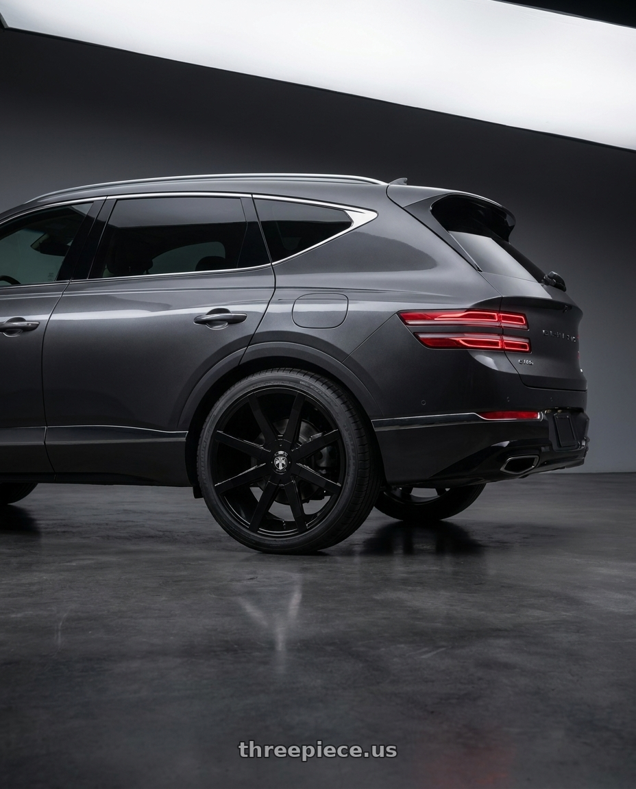 2021 Genesis GV80 with DUB 1PC S110 PUSH 5X114.3/5X120 20X8.5 +35 GLOSS BLACK wheels rear three quarter view square tires
