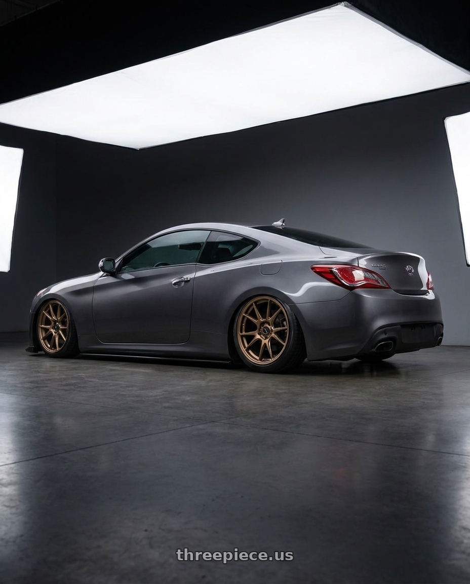 2014 Hyundai Genesis Coupe with Konig Ampliform 5x114.3 19x8.5+30 Gloss Bronze wheels rear three quarter view slight stretch tires