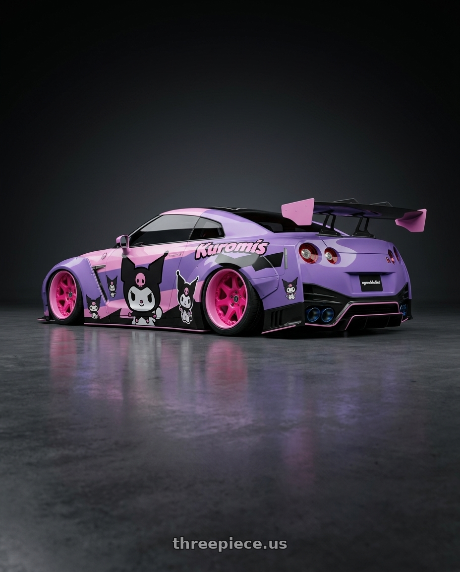 2025 NISSAN GT-R R35(MymodelCollect-LB GTR R35模型車) with HERITAGE WHEEL KOKORO-OR 6x139.7 20x9 +18 PINK wheels rear three quarter view slight stretch tires