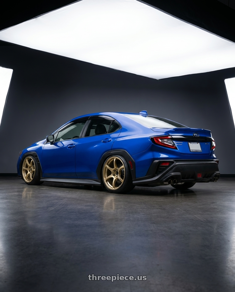2024 Subaru WRX with Advan RGIII 5x114.3 19x9.0+25 Gold wheels rear three quarter view slight stretch tires