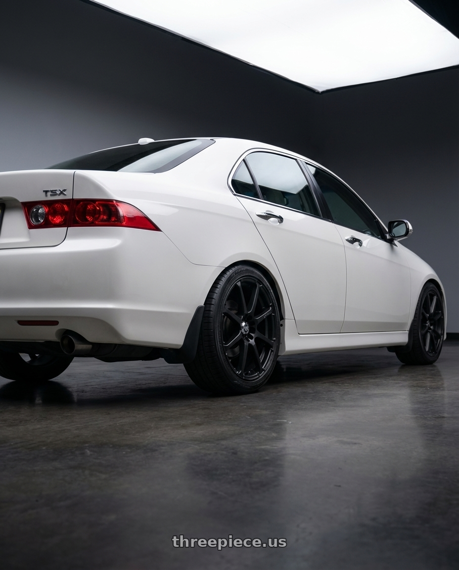 2005 Acura tsx with Enkei EDR9 5x100/114.3 17x8+38 Matte Black wheels rear three quarter view square tires