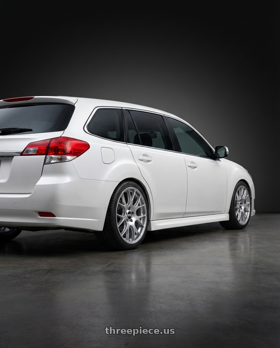 2011 Subaru Legacy Wagon with BBS CH-R 5x130 19x8.5 +51 Brilliant Silver Polished Rim Protector wheels rear three quarter view square tires