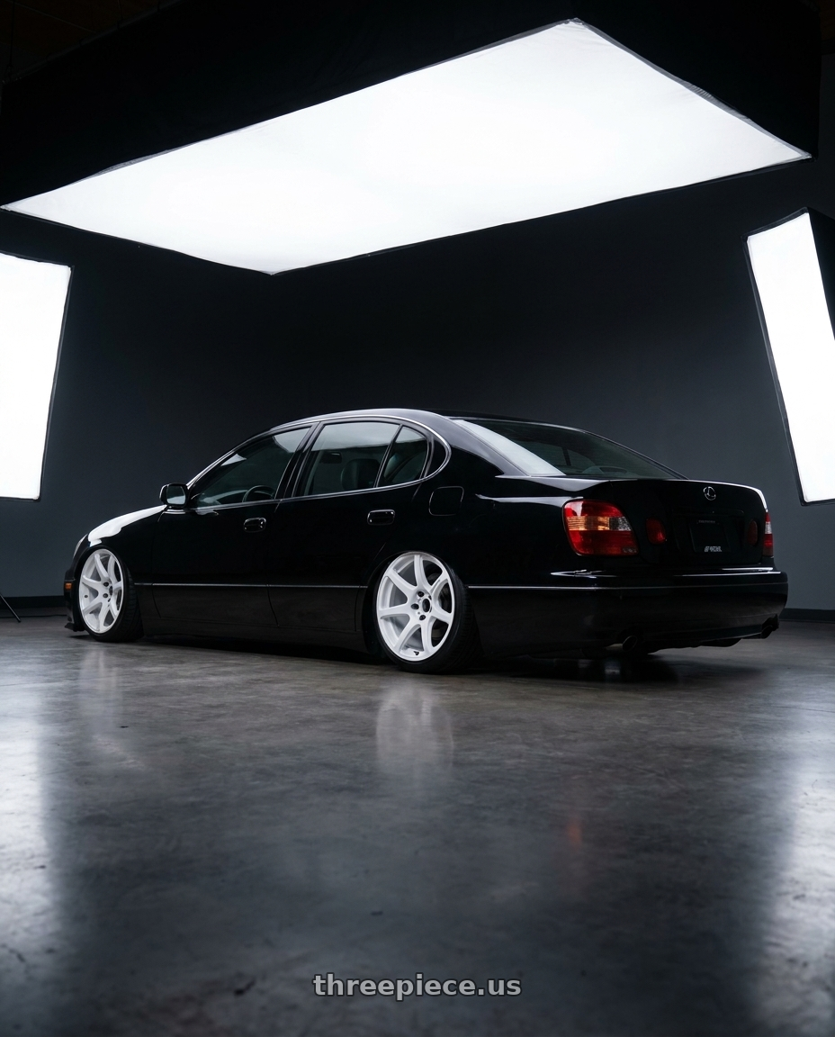 2002 lexus gs300 with Work Emotion T7r 5x100 18x10.5 +12 White wheels rear three quarter view slight stretch tires