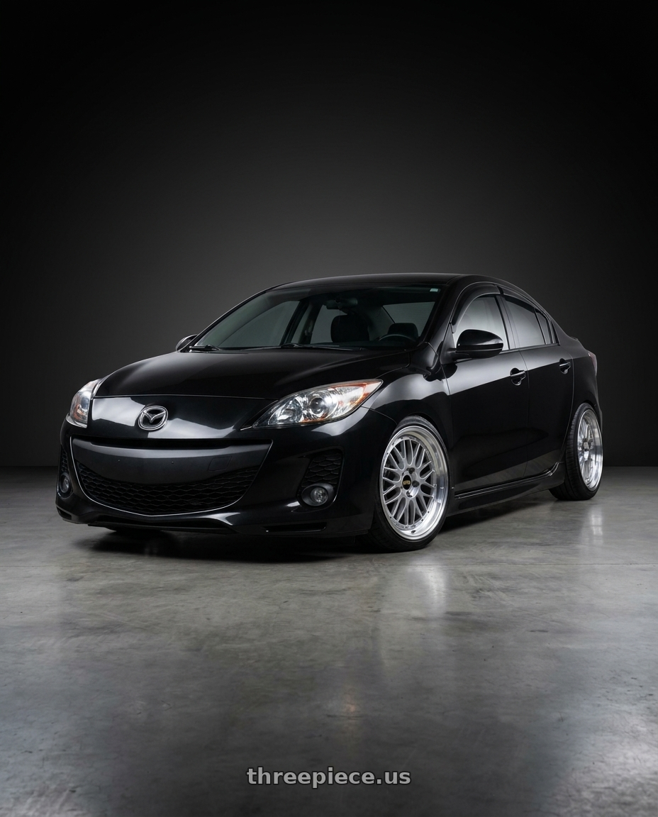 2012 Mazda 3 S with BBS LM 5x114.3 18x8.0+40 Diamond Silver wheels front three quarter view lowered stance