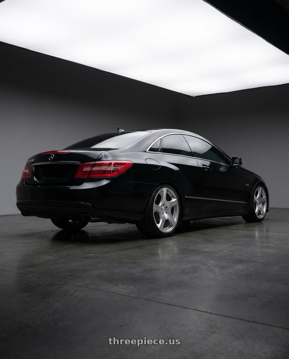 2013 Mercedes-Benz E350 4Matic with MRR VP3 5x112 19x8.5  +35 Silver Machine Face wheels rear three quarter view square tires