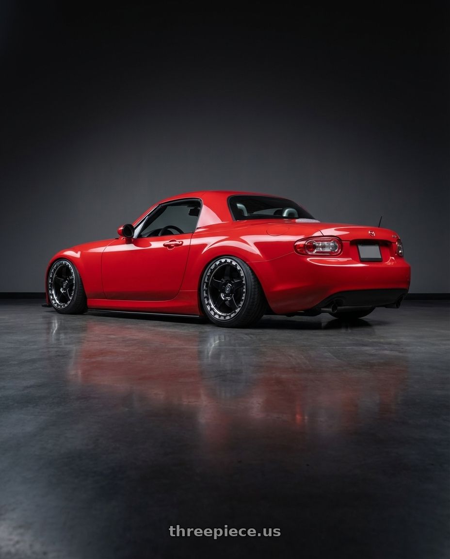 2012 Mazda MX-5 Miata NC with Forgestar D5 Beadlock 5x114.3 17x10 +50 Gloss Black Machined wheels rear three quarter view slight stretch tires