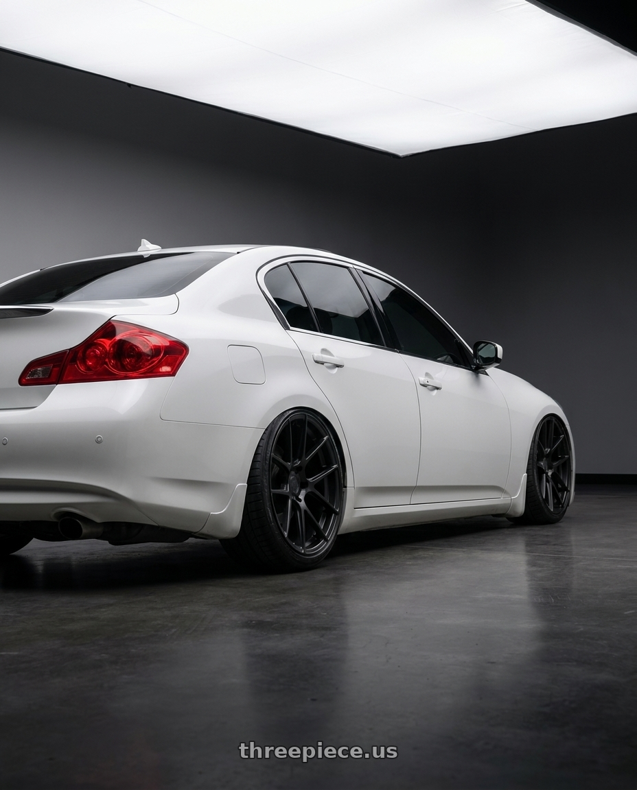 2012 Infiniti G37 with Avant Garde Wheels M510 5X114.3 19x9.5 +40 Matte Black wheels rear three quarter view slight stretch tires