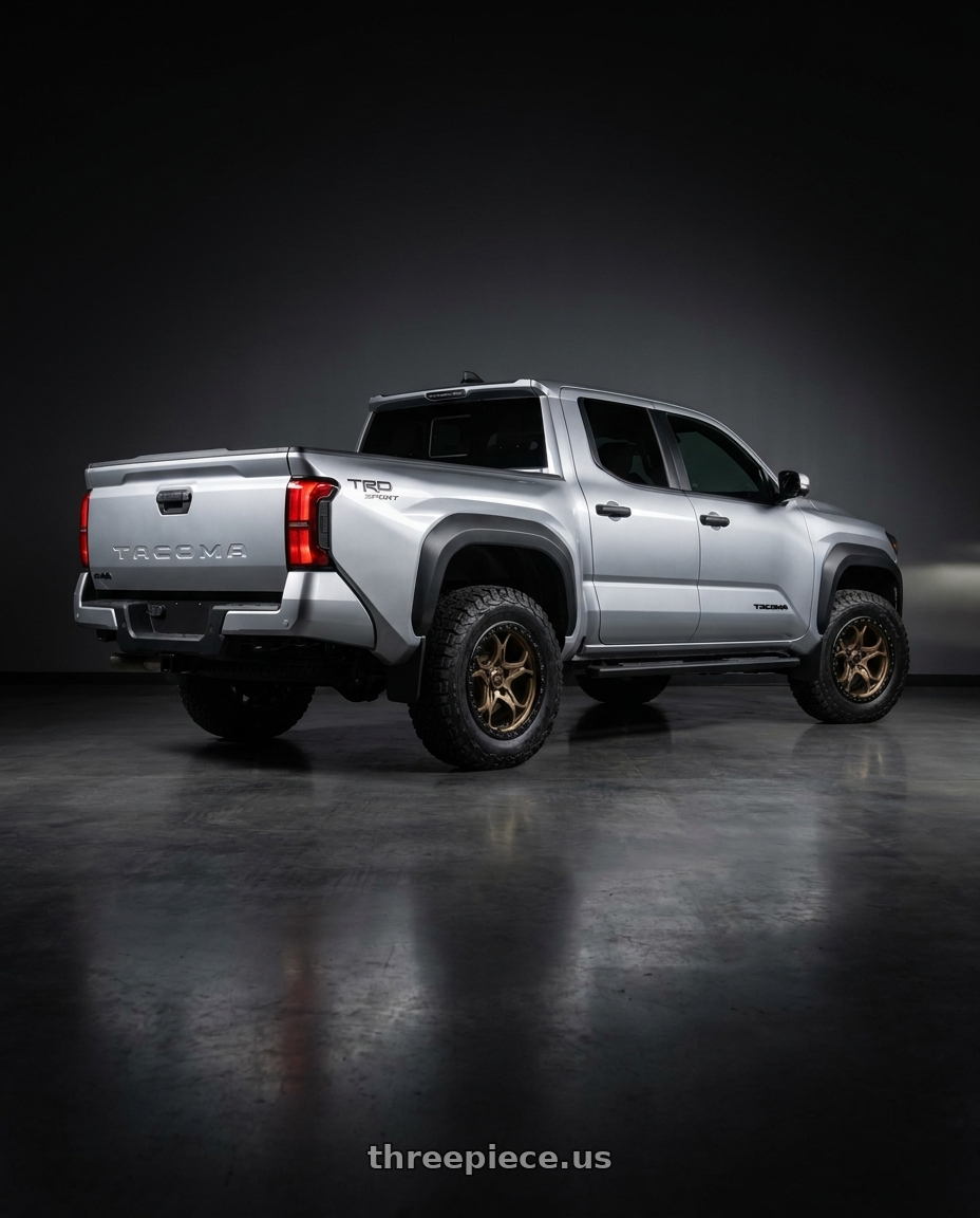 Toyota Tacoma trd sport 2026 with WELD Off-Road Ledge 6x139.7 20x9 +20 Satin Bronze / Satin Black wheels rear three quarter view square tires