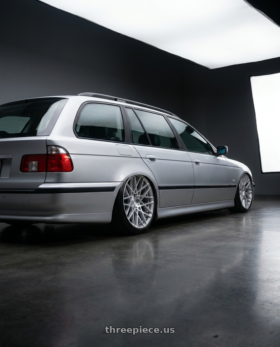 2001 Bmw 5 series wagon with Rotiform 1PC R110 BLQ 5X112 19X8.5 +45 GLOSS SILVER MACHINED wheels rear three quarter view slight stretch tires
