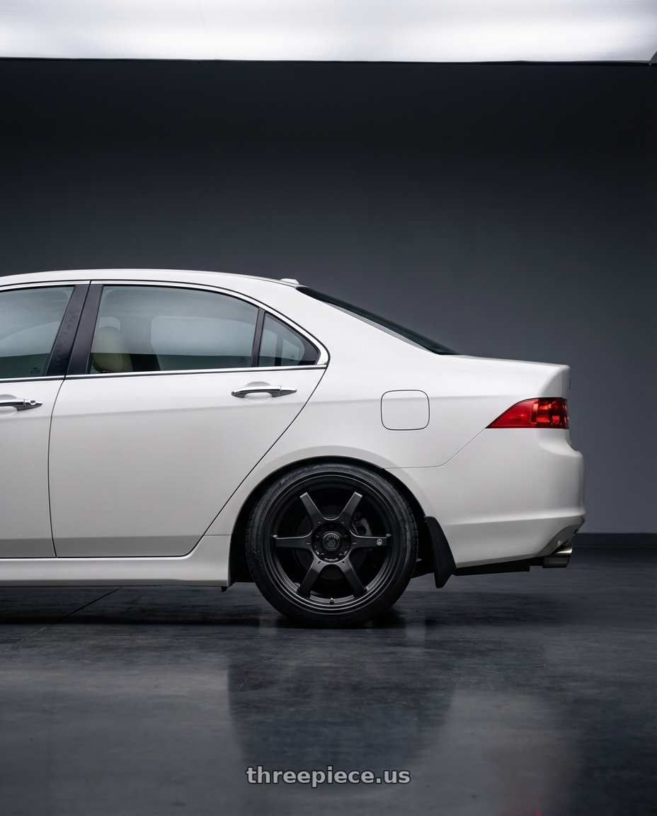 2005 Acura tsx with Konig Backbone 5x114.3 17x7.5+45 Matte Black Milling Logo on Spoke wheels rear three quarter view slight stretch tires