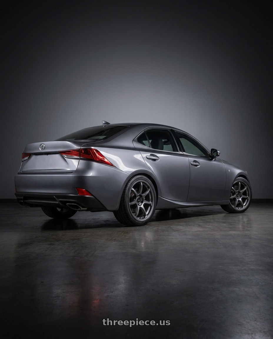 2017 lexus IS with Enkei PF09 5x114.3 18x8.5+45 Dark Silver wheels rear three quarter view square tires