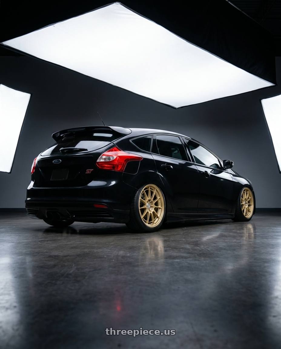 2013 focus st black with Enkei NT03+M 5x100 18x9.5+40 Gold wheels rear three quarter view square tires