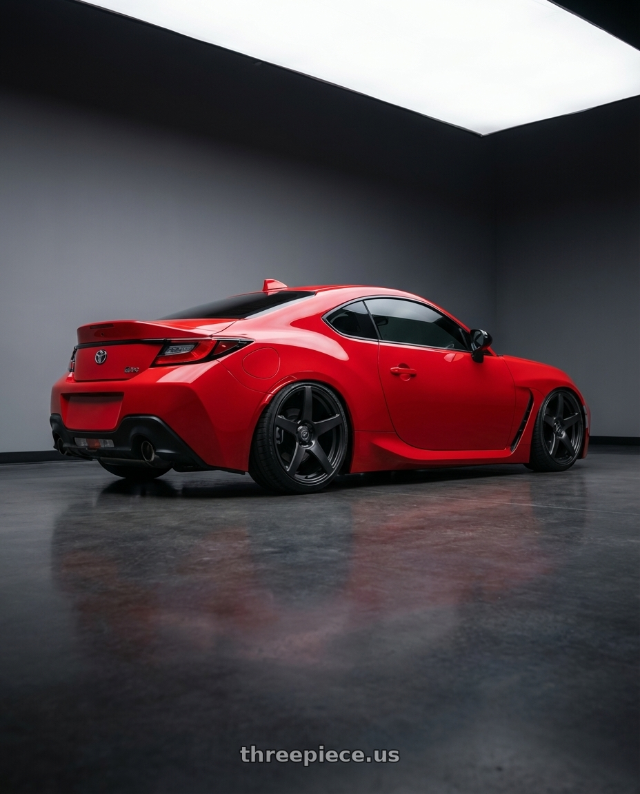 2024 Toyota GR86 with Forgestar CF5 5x114.3 18x9 +35 Satin Black wheels rear three quarter view slight stretch tires
