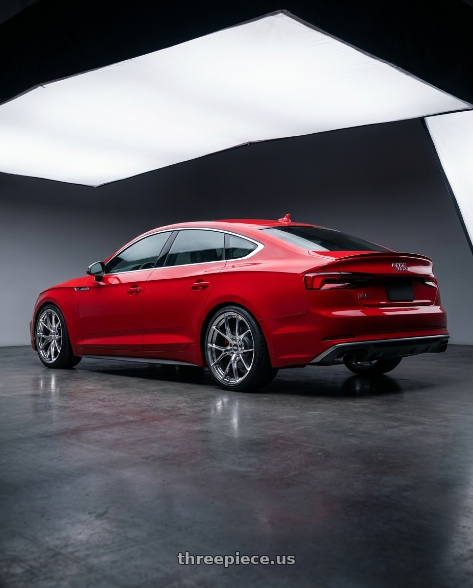 2018 Audi S5 Sportback with ESR Wheels RF2 5x112 19x8.5 +30 Vacuum Chrome wheels rear three quarter view square tires