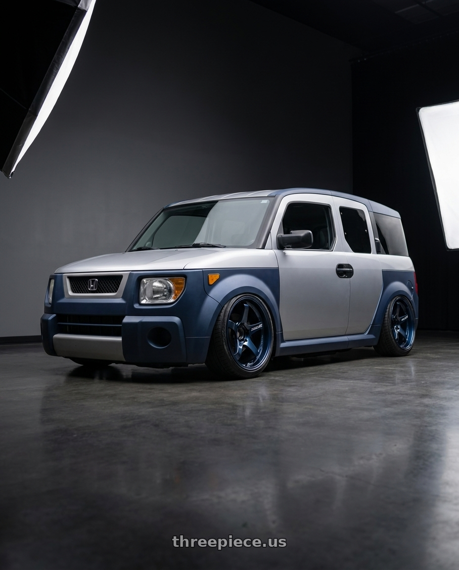 2006 Honda Element with Advan Racing GT PV 5x114.3 20x12.0 +20 RACING TITANIUM BLUE wheels front three quarter view slammed stance