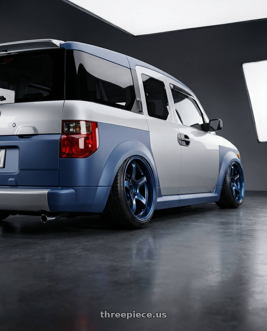 2006 Honda Element with Advan Racing GT PV 5x114.3 20x12.0 +20 RACING TITANIUM BLUE wheels rear three quarter view extreme stretch tires