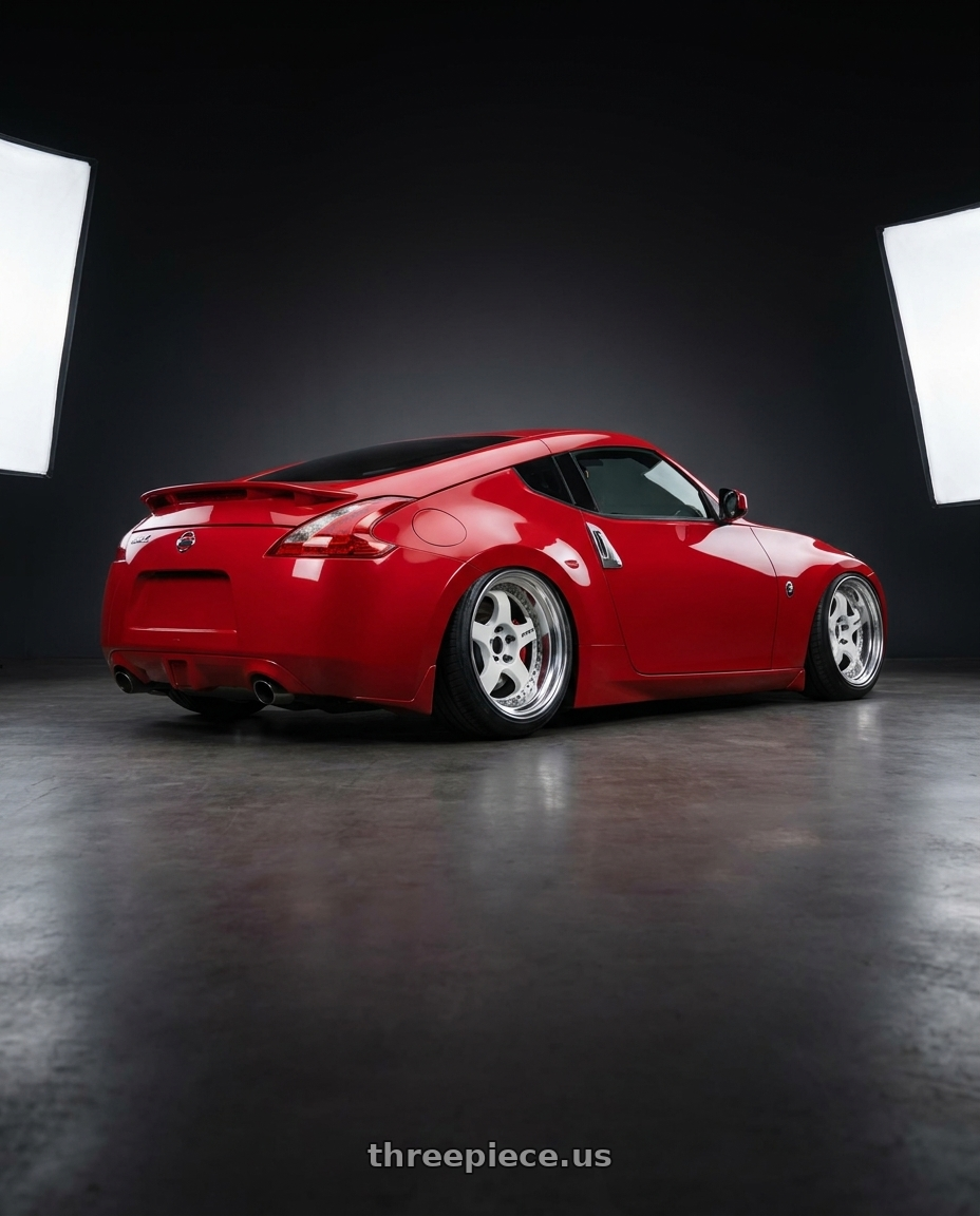 2018 Nissan 370z base with Work Meister S1 3P 5x114.3 19x9.5+31 L Disk White wheels rear three quarter view extreme stretch tires