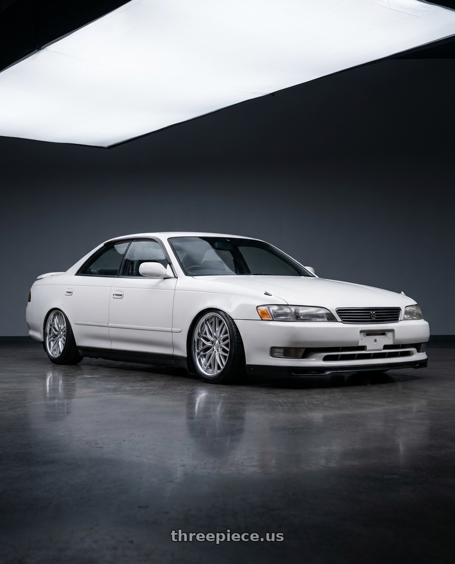 1993 Toyota chaser with Work Schwert Quell 5x114.3 19x9+22 A Disk Silky Rich Silver wheels
