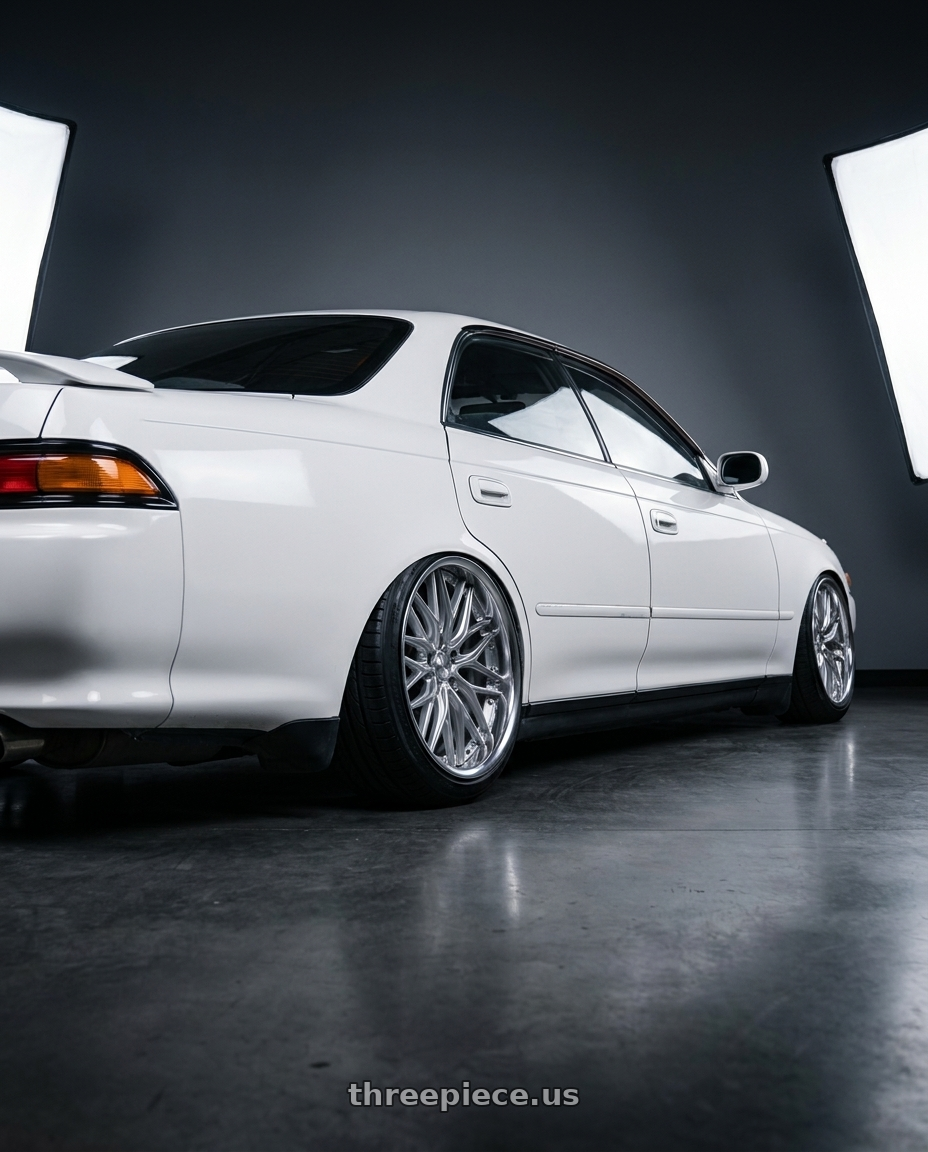 1993 Toyota chaser with Work Schwert Quell 5x114.3 19x9+22 A Disk Silky Rich Silver wheels rear three quarter view slight stretch tires