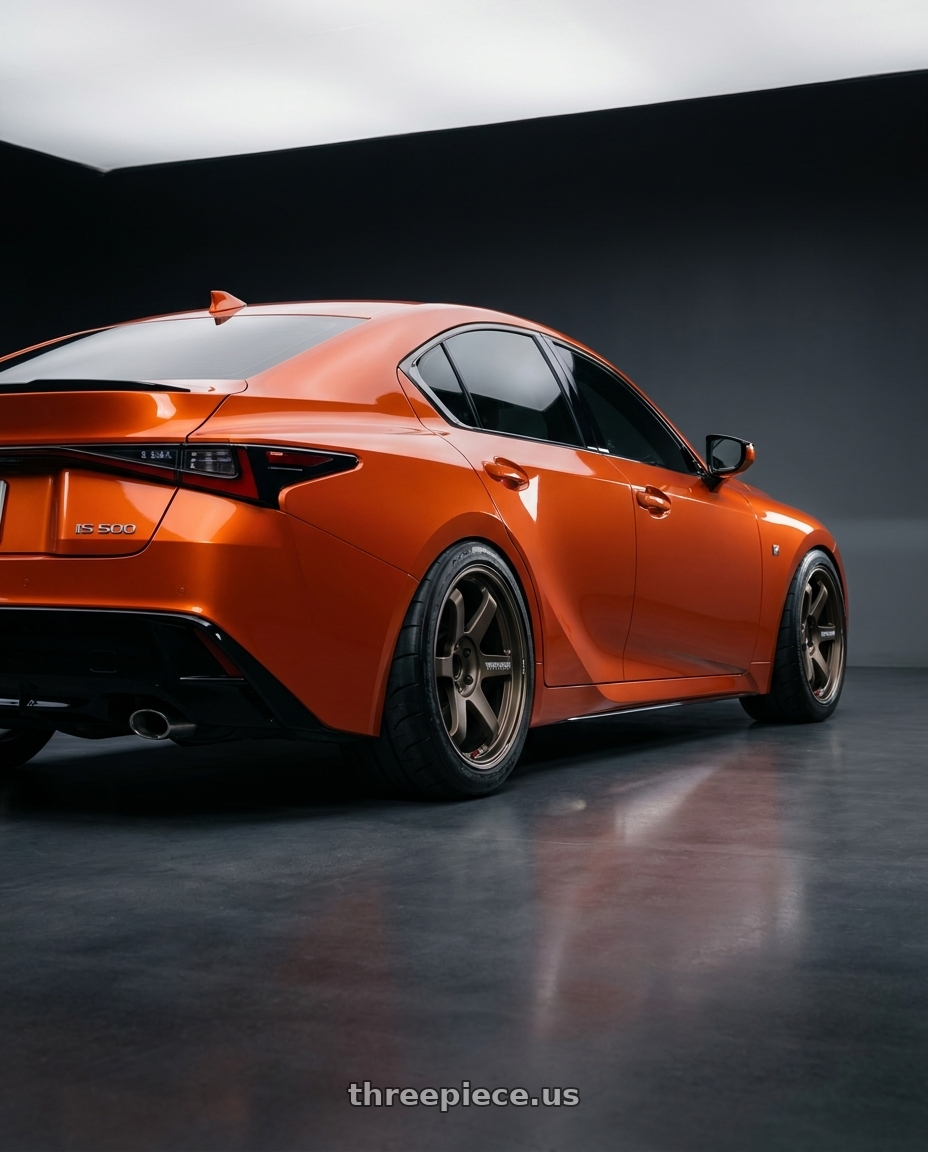2023 Lexus IS 500 F sport painted in Molten Lava Pearl with Volk Racing TE37 Ultra Track Edition II 5x114.3 19x10.5+22 wheels rear three quarter view meaty tires