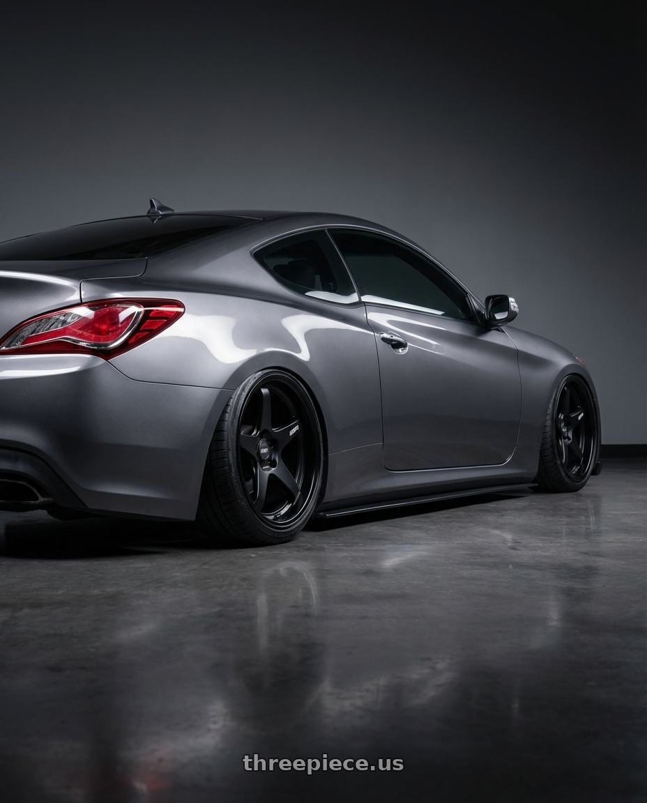 2014 Hyundai Genesis Coupe with ESR Wheels APEX SERIES AP5 5x114.3 19x11 +22 Matte Black wheels rear three quarter view slight stretch tires