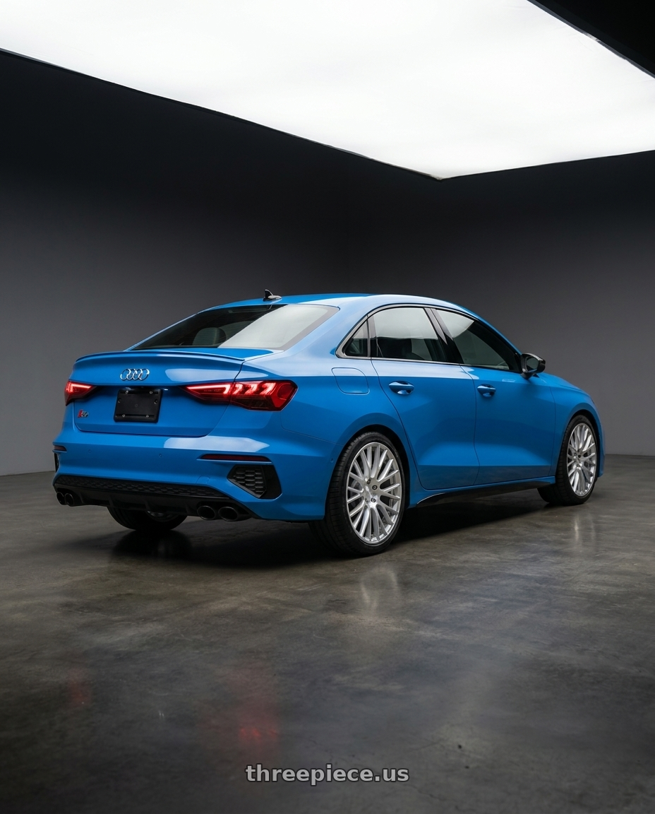 2023 Audi S3 with Rotiform RC201 LSE 5X112 19X8.5 +45 GLOSS SILVER W/ MACHINED FACE wheels rear three quarter view square tires