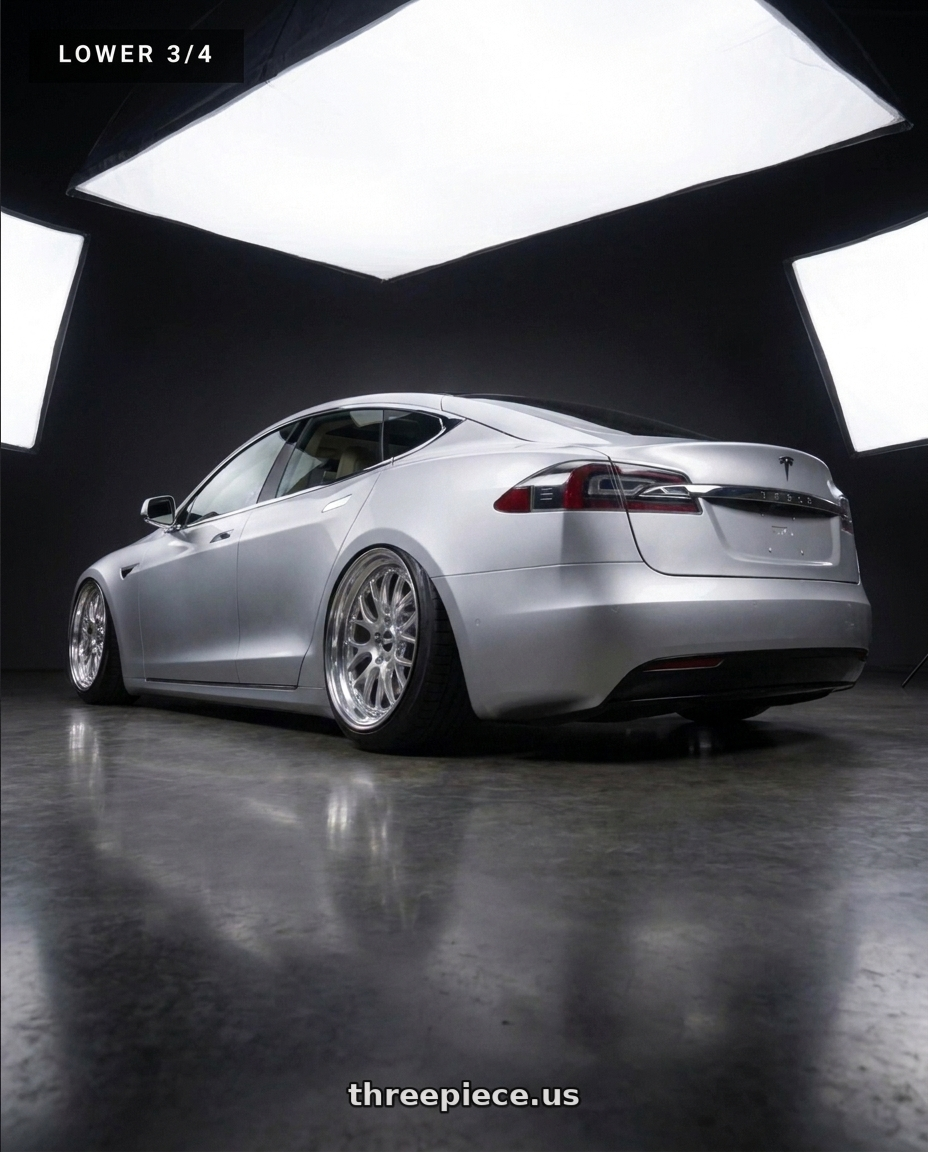 2018 tesla model s with ESR Wheels RF2 5x120 19x8.5 +30 Chrome wheels rear three quarter view extreme stretch tires